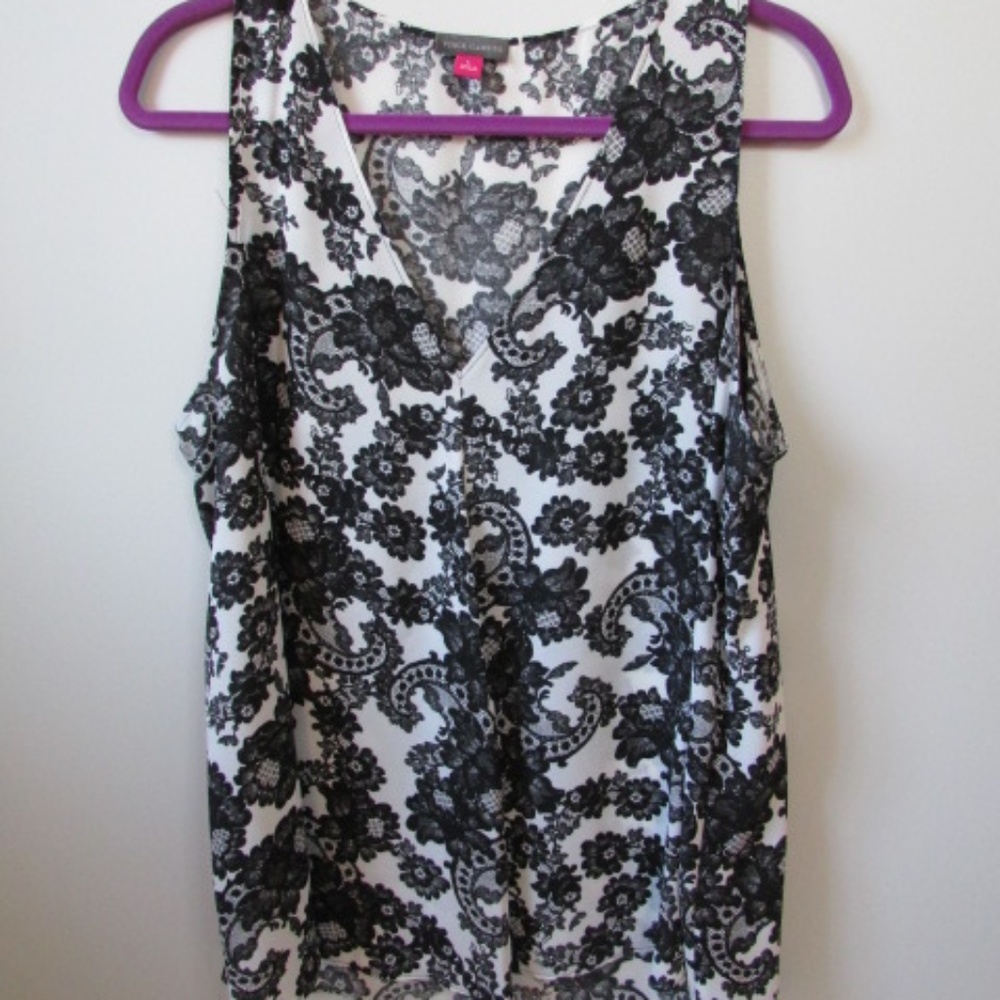 Vince Camuto Large A-Line Black and Ivory Floral Tank with front ruffle